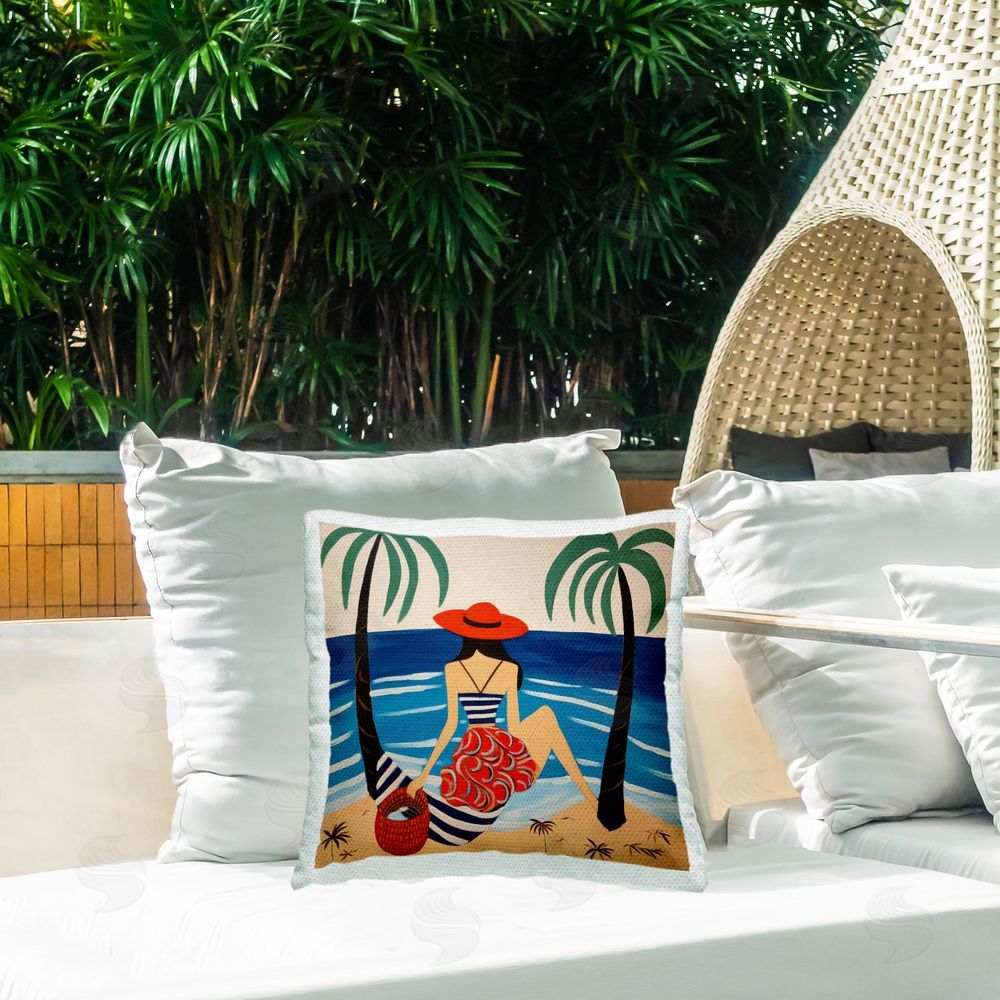 Lazar Studio Modern Girl At Shore Outdoor Quick-Dry Polyester Printed Throw Pillow in Back Yard