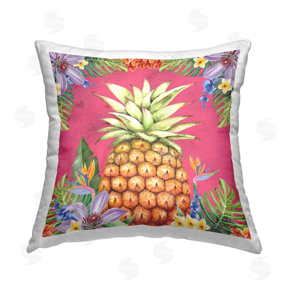 ND Art Tropical Florals & Pineapple Printed Plush Polyester Throw Pillow