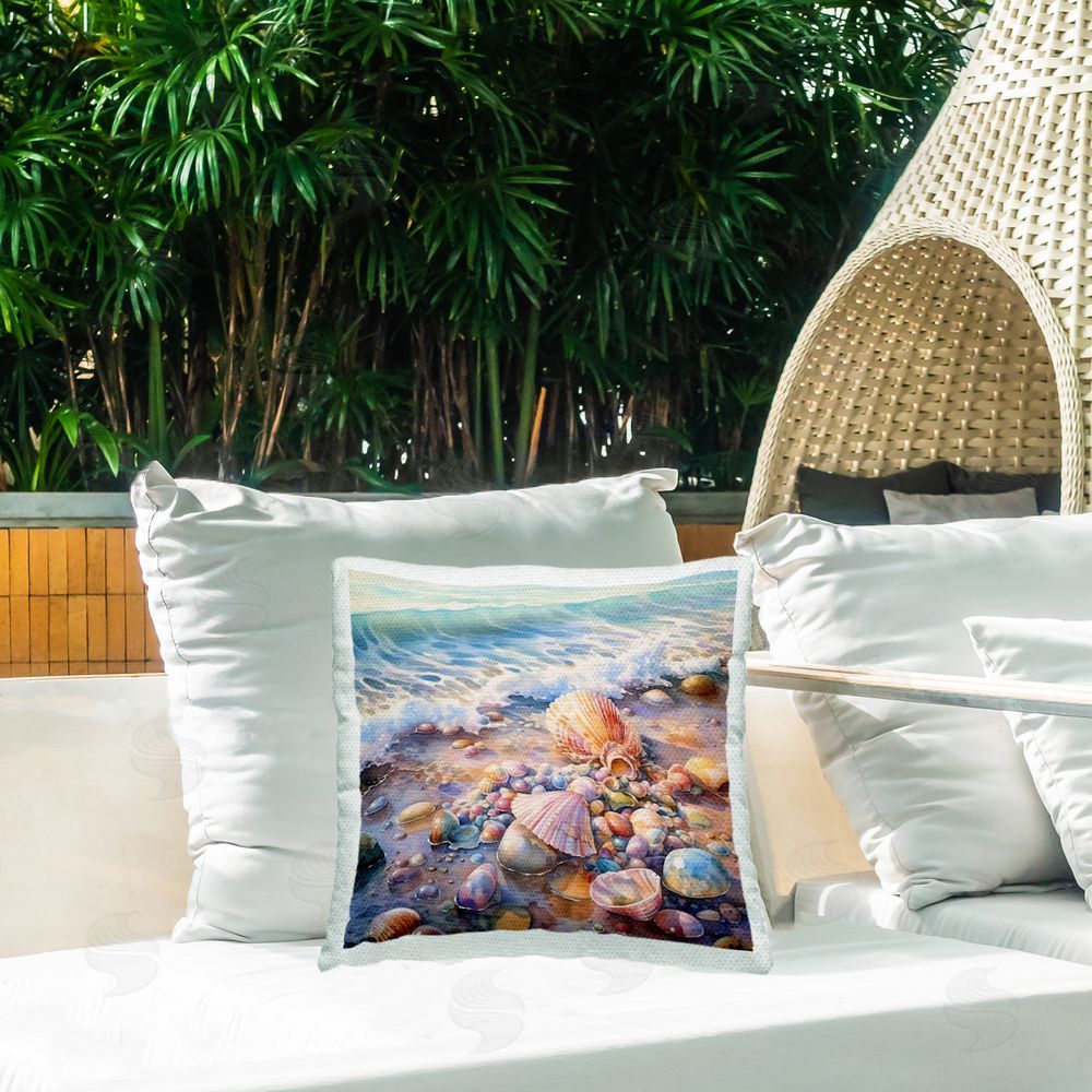 Ryley Gray Shells with Beach Waves Outdoor Quick-Dry Polyester Printed Throw Pillow in Back Yard