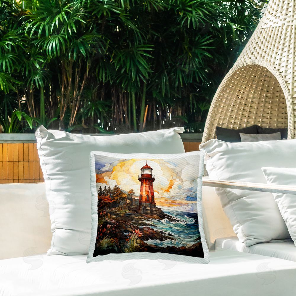 Ryley Gray Abstract Patterned Lighthouse Outdoor Quick-Dry Polyester Printed Throw Pillow in Back Yard