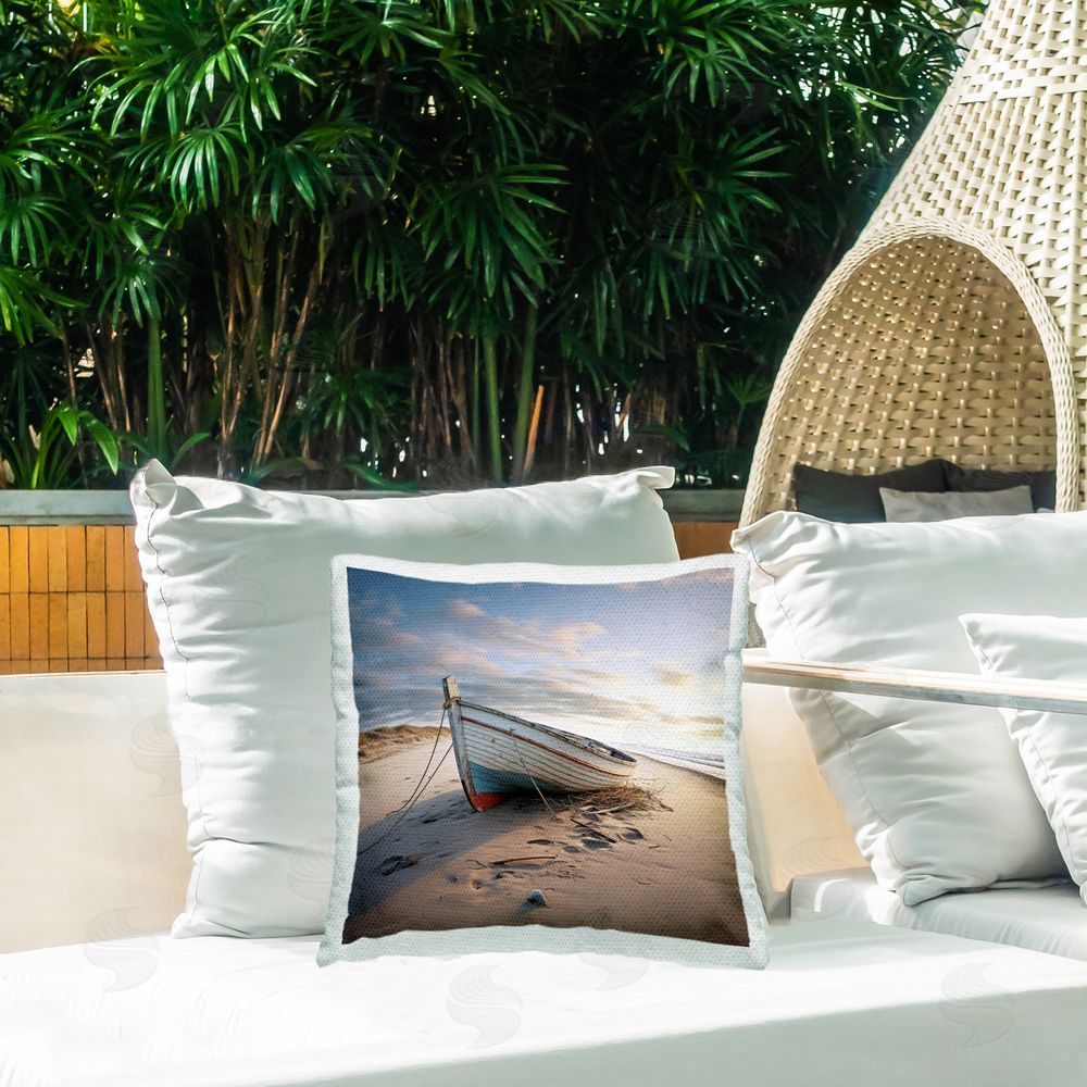 Ray Powers Boat on Beach Sand Outdoor Quick-Dry Polyester Printed Throw Pillow in Back Yard