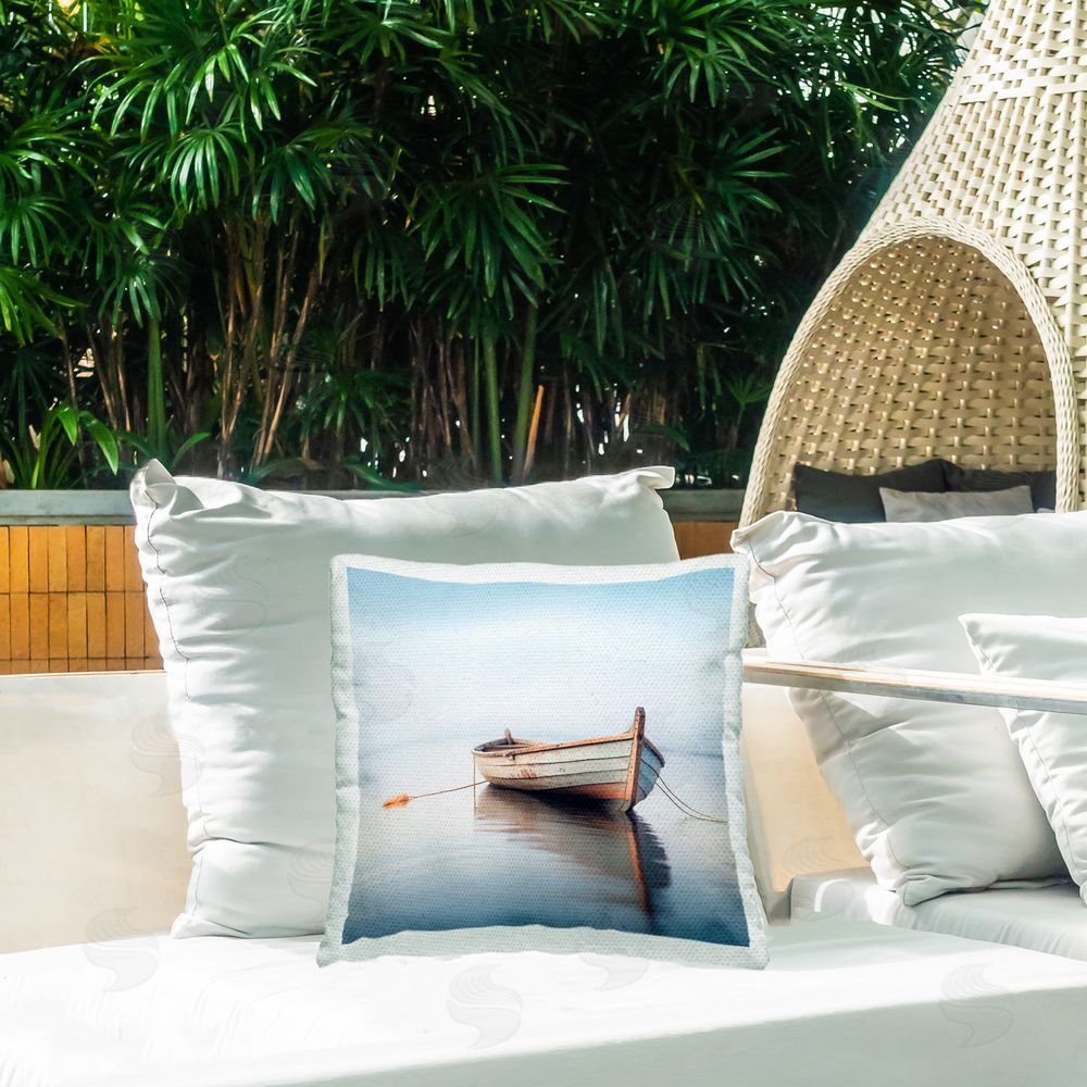 Ray Powers Calm Boat Reflection Outdoor Quick-Dry Polyester Printed Throw Pillow in Back Yard