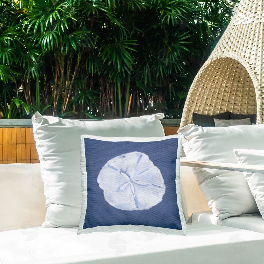 Julie DeRice Abstract Blue Sand Dollar Outdoor Quick-Dry Polyester Printed Throw Pillow in Back Yard
