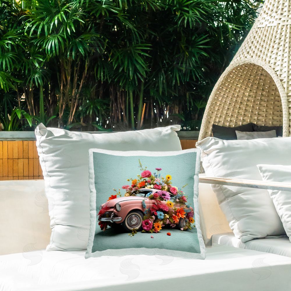 Lazar Studio Modern Blooms on Car Outdoor Quick-Dry Polyester Printed Throw Pillow in Back Yard