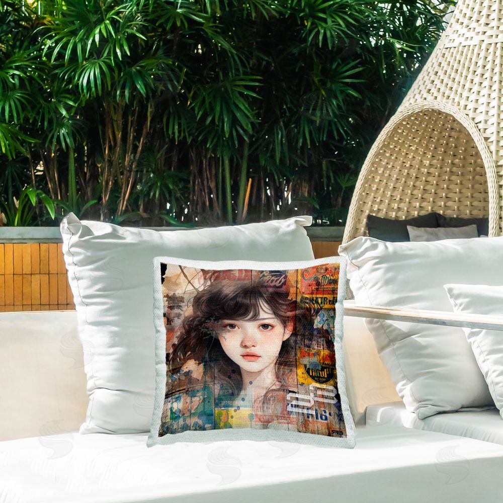 RB Vintage Urban Pattern Portrait Outdoor Quick-Dry Polyester Printed Throw Pillow in Back Yard