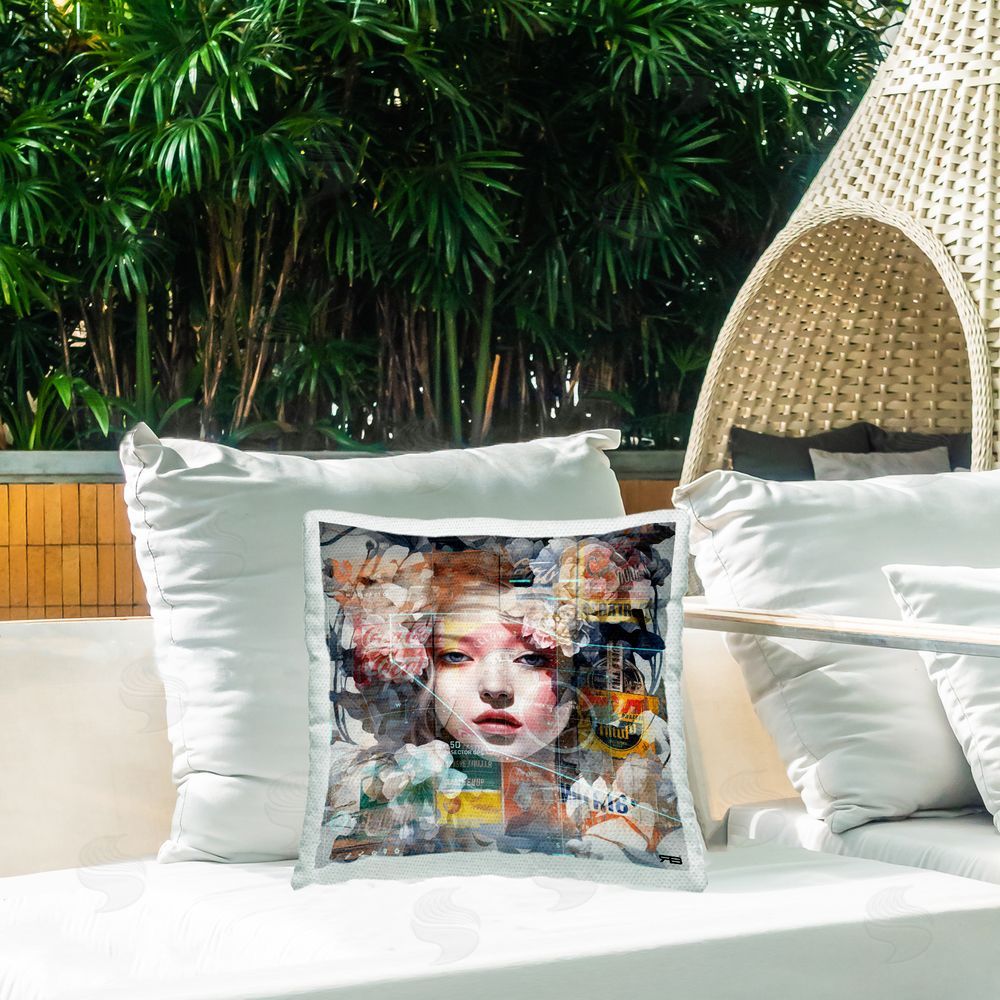RB Vintage Collage Portrait Outdoor Quick-Dry Polyester Printed Throw Pillow in Back Yard