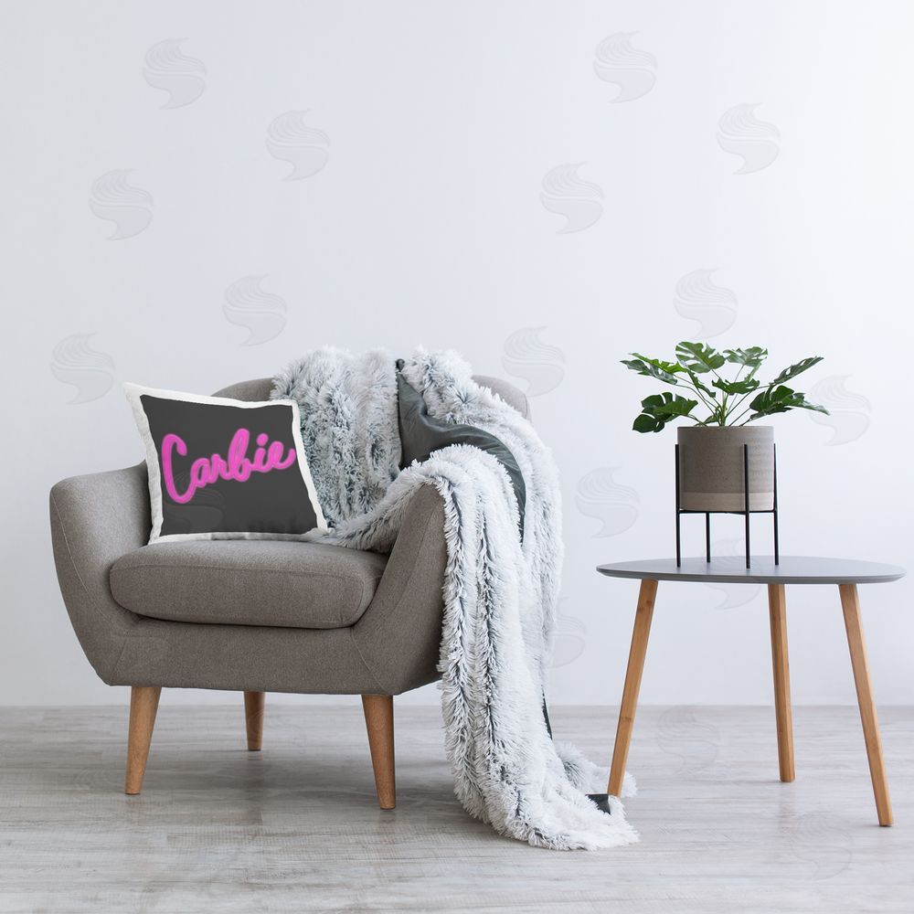 House of Lulu Funny Carbie on Black Printed Plush Polyester Throw Pillow On Chair