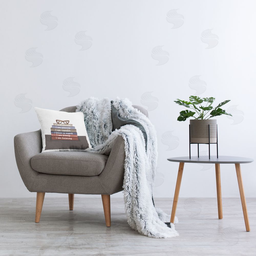 Saba Rauf Inspirational Bookstack Phrases Printed Plush Polyester Throw Pillow On Chair