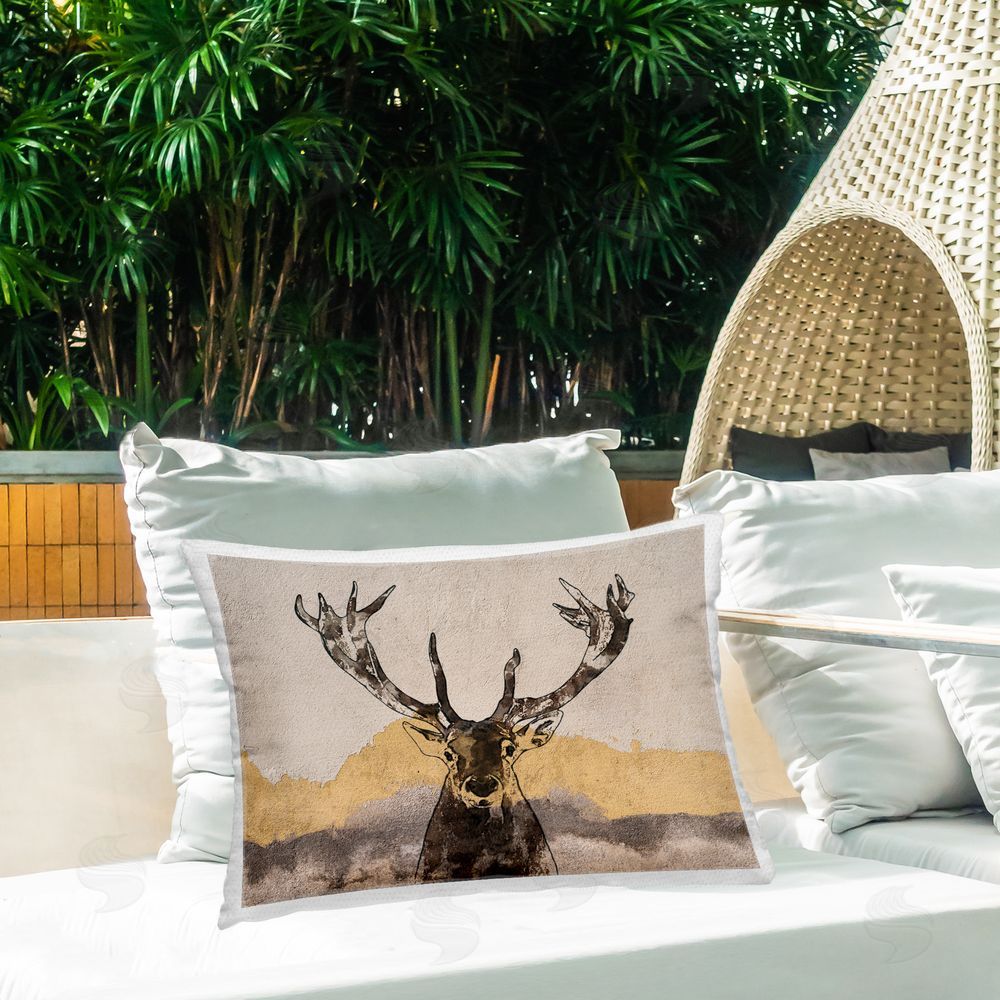 Irena Orlov Rustic Elk Abstraction Outdoor Quick-Dry Polyester Printed Throw Pillow in Back Yard