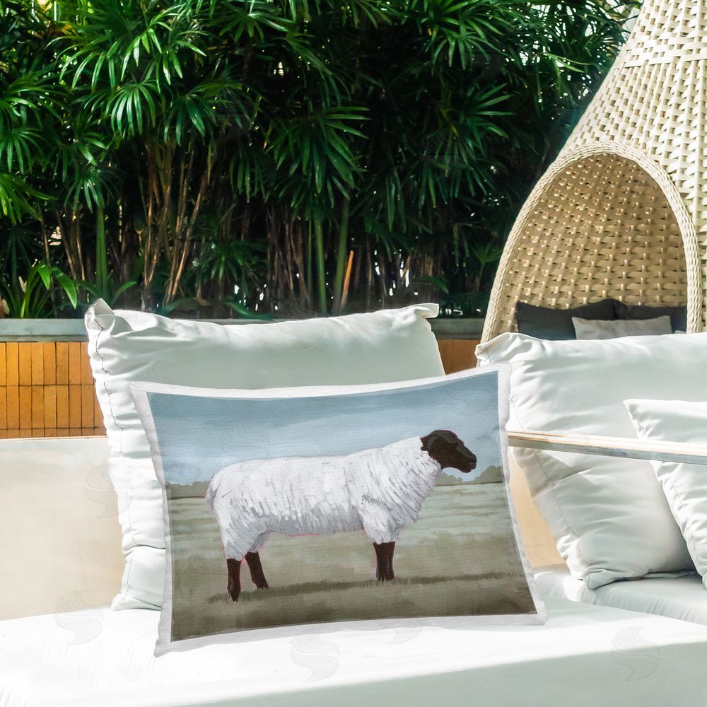 Grace Popp Sheep Facing Right Outdoor Quick-Dry Polyester Printed Throw Pillow in Back Yard