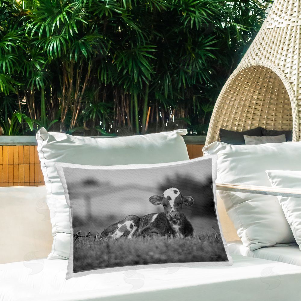 Dakota Diener Lounging Cow in Grass Outdoor Quick-Dry Polyester Printed Throw Pillow in Back Yard