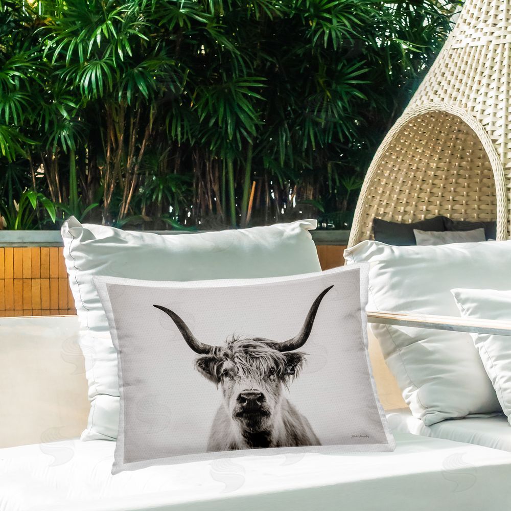 Dakota Diener Intense Longhorn Portrait Outdoor Quick-Dry Polyester Printed Throw Pillow in Back Yard