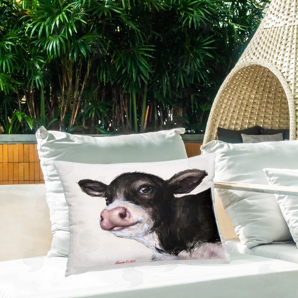 George Dyachenko Baby Cow Face Outdoor Quick-Dry Polyester Printed Throw Pillow in Back Yard