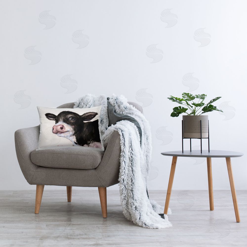 George Dyachenko Baby Cow Face Printed Plush Polyester Throw Pillow On Chair