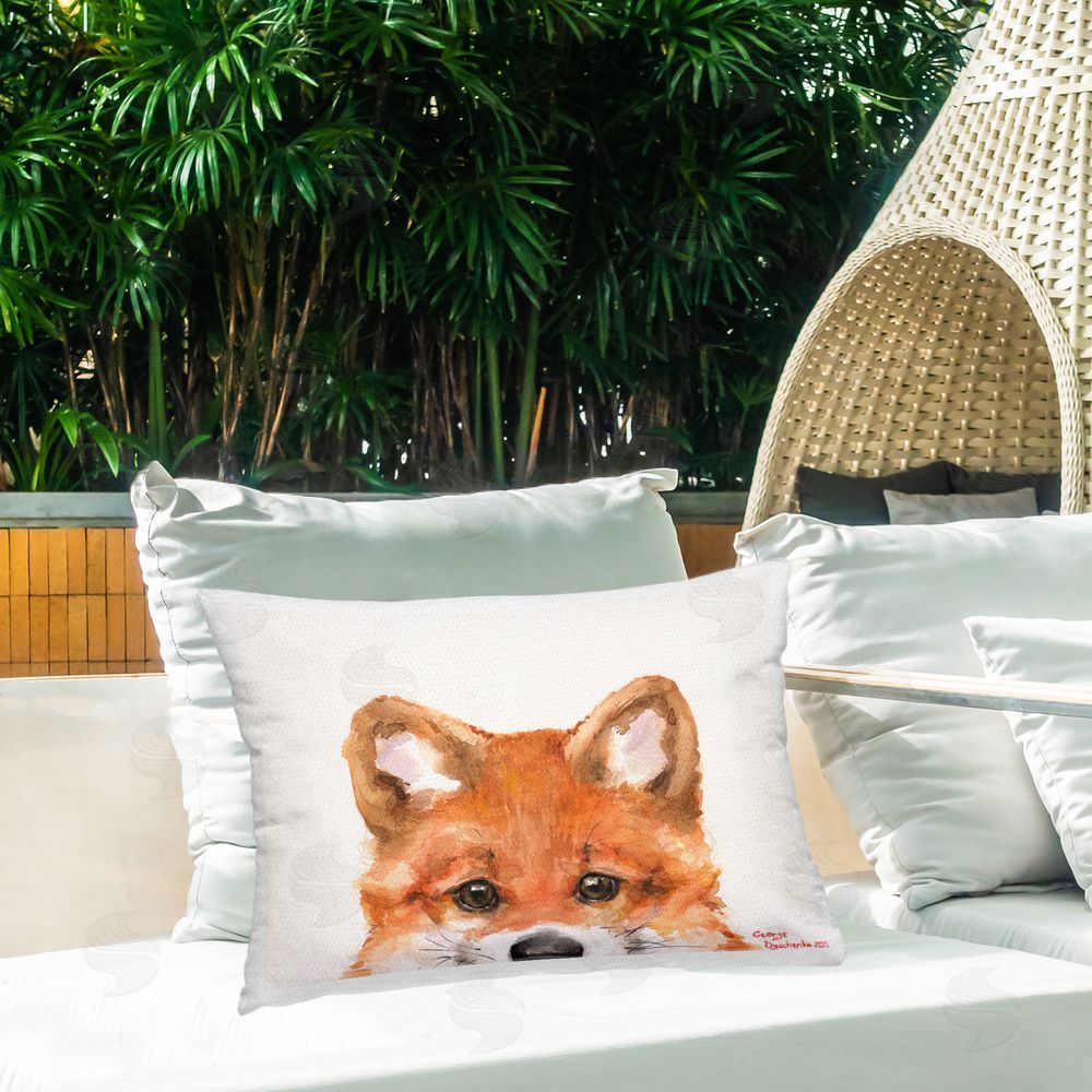 George Dyachenko Baby Fox Kit Face Outdoor Quick-Dry Polyester Printed Throw Pillow in Back Yard