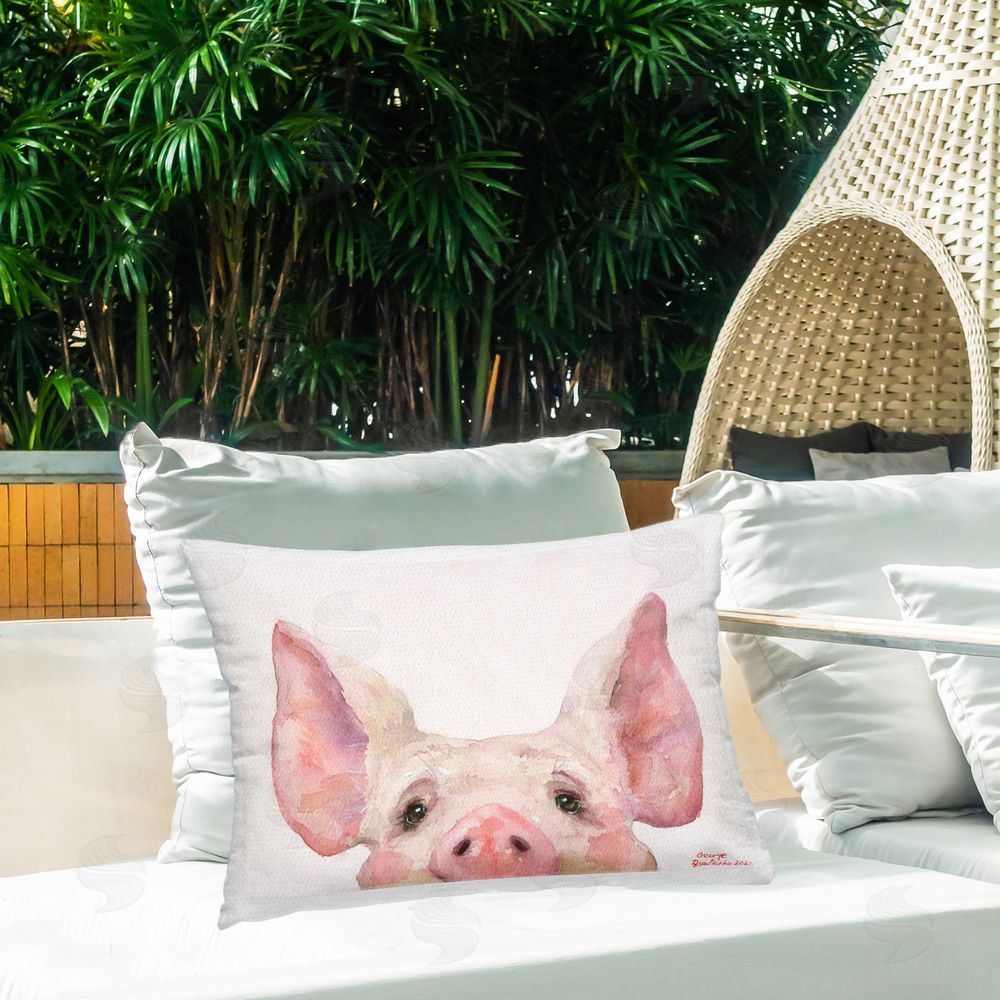George Dyachenko Cute Piglet Face Outdoor Quick-Dry Polyester Printed Throw Pillow in Back Yard