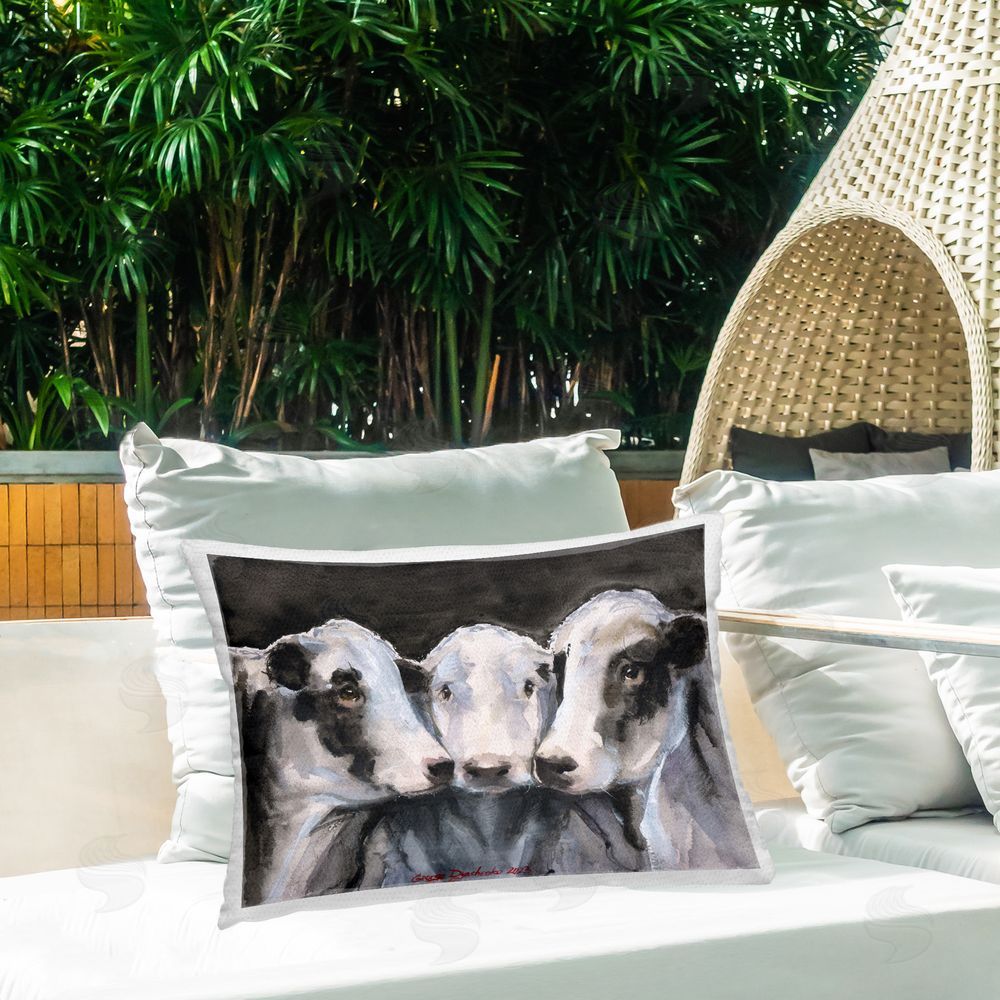 George Dyachenko Cow Trio Portrait Outdoor Quick-Dry Polyester Printed Throw Pillow in Back Yard