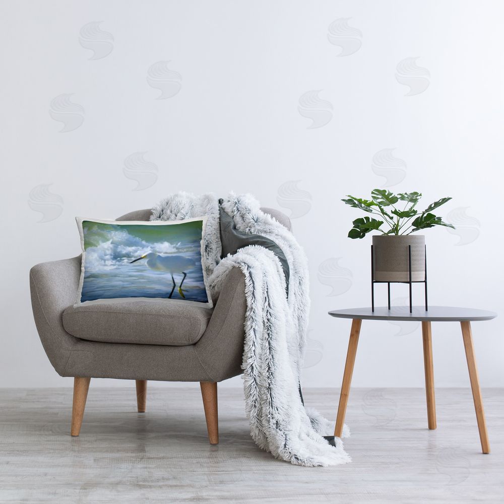 Graffitee Studios Heron & Splashing Sea Printed Plush Polyester Throw Pillow On Chair