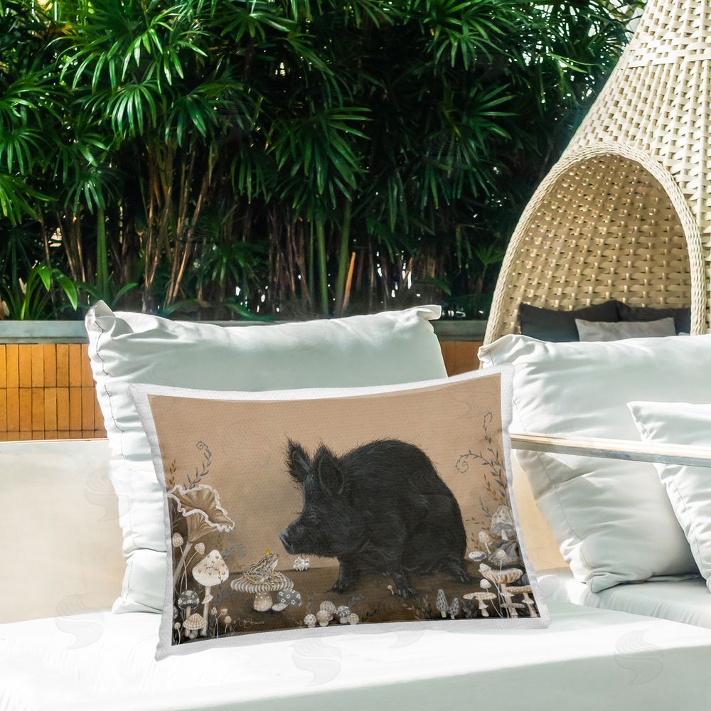 Hollihocks Art Pig & Frog with Crown Outdoor Quick-Dry Polyester Printed Throw Pillow in Back Yard