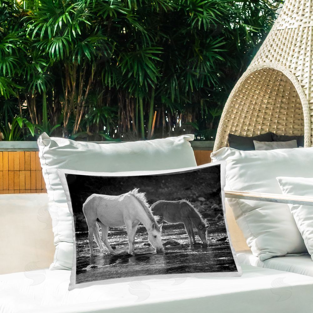JG Studios Horse & Foal on Shore Outdoor Quick-Dry Polyester Printed Throw Pillow in Back Yard