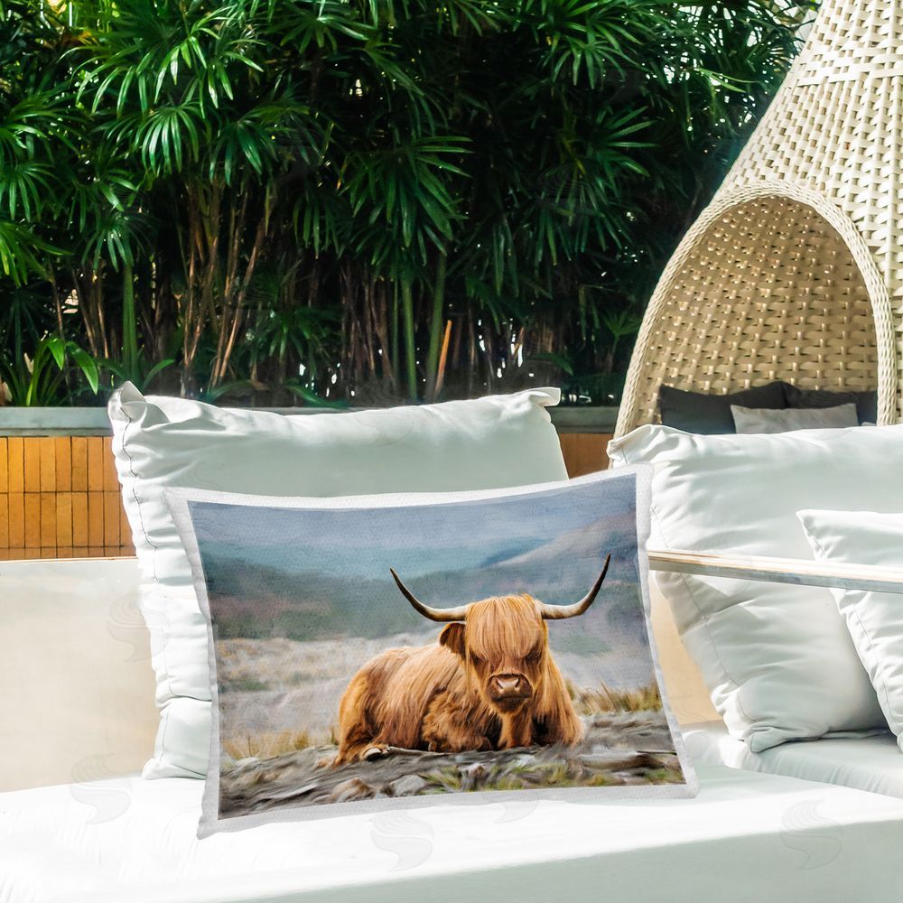 Kim Allen Windswept Highland Cow Outdoor Quick-Dry Polyester Printed Throw Pillow in Back Yard