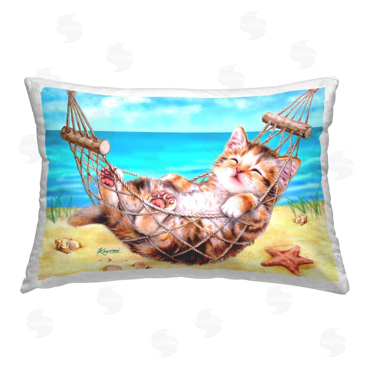 Kayomi Harai Kitten & Beach Hammock Printed Plush Polyester Throw Pillow