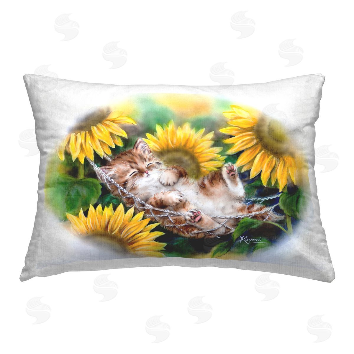 Kayomi Harai Sleeping Cat & Sunflowers Printed Plush Polyester Throw Pillow