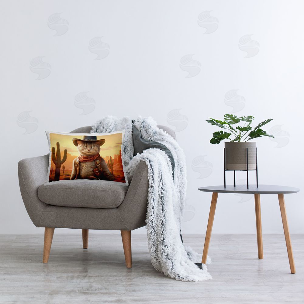 Michael David Ward Southwestern Cowboy Cat Printed Plush Polyester Throw Pillow On Chair