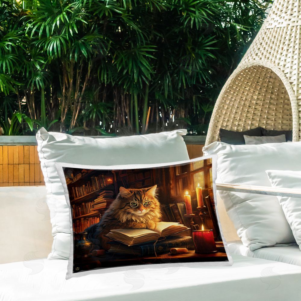 Michael David Ward Cat Reading Cozy Library Outdoor Quick-Dry Polyester Printed Throw Pillow in Back Yard