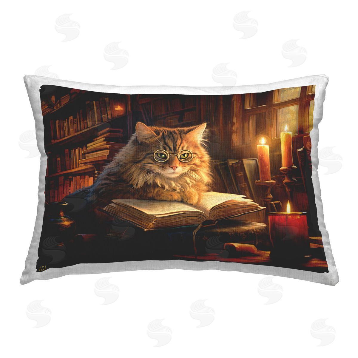 Michael David Ward Cat Reading Cozy Library Printed Plush Polyester Throw Pillow
