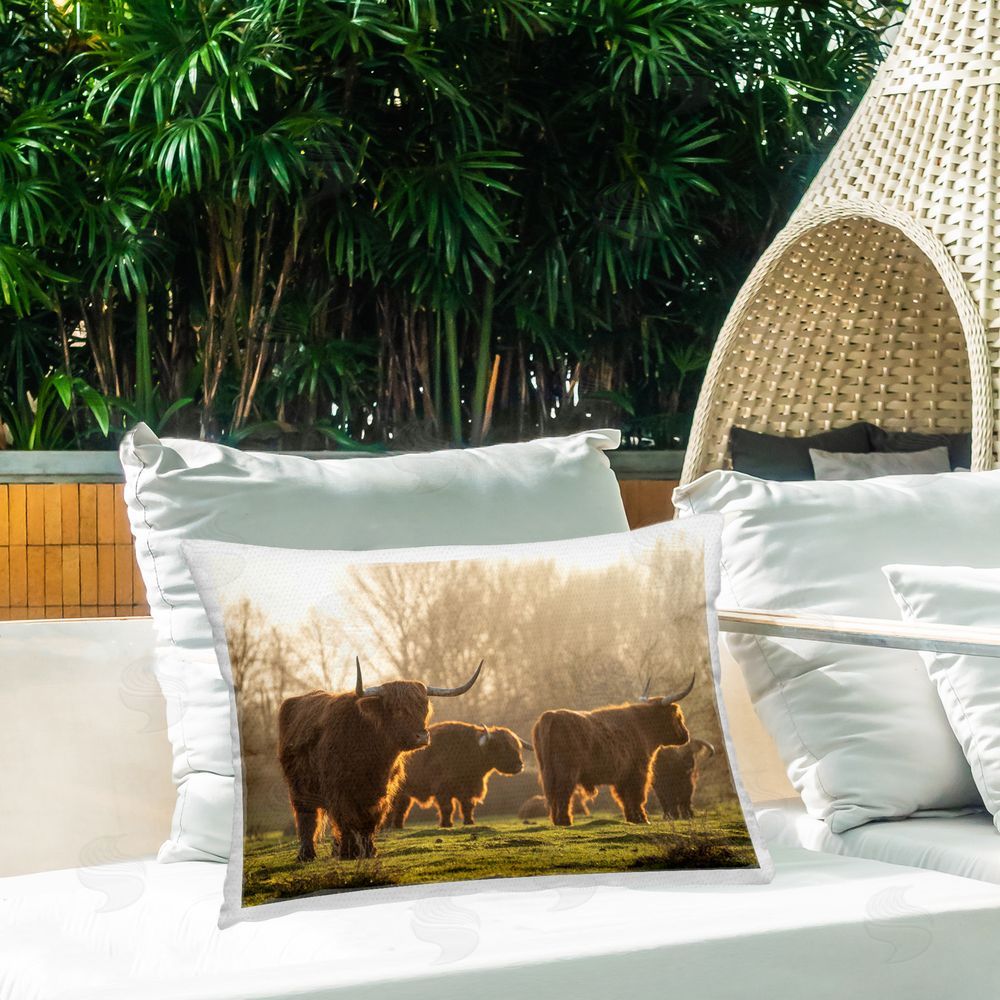 Martin Podt Longhorn Herd Grazing Outdoor Quick-Dry Polyester Printed Throw Pillow in Back Yard