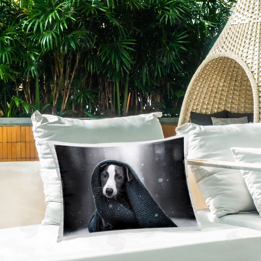 Natalie Grosse Cozy Dog with Scarf Outdoor Quick-Dry Polyester Printed Throw Pillow in Back Yard