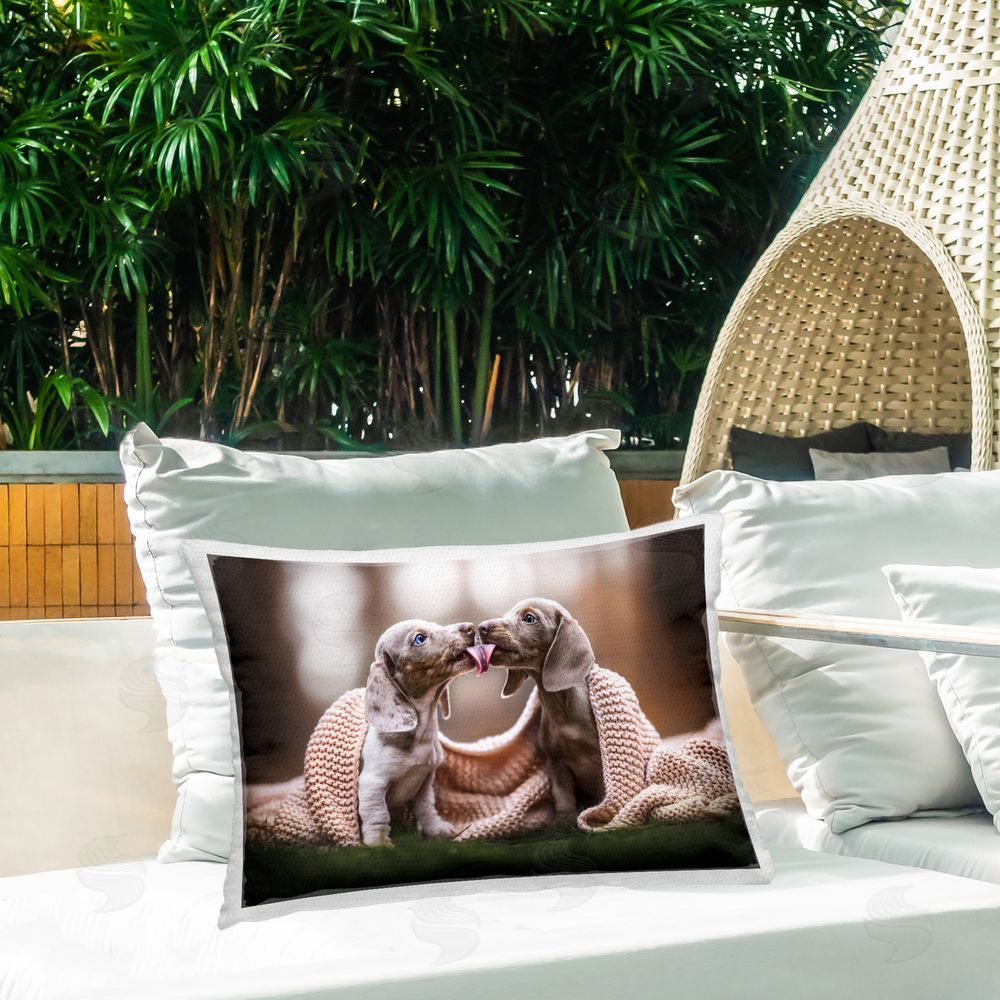 Natalie Grosse Playing Puppies with Scarf Outdoor Quick-Dry Polyester Printed Throw Pillow in Back Yard