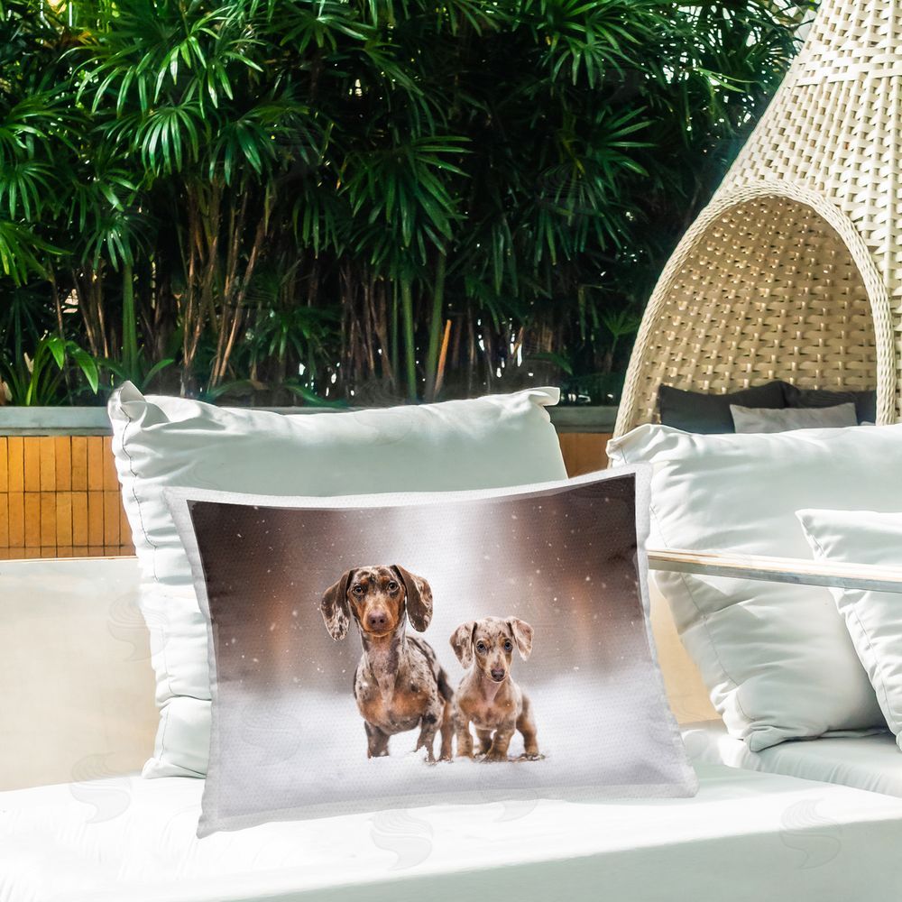 Natalie Grosse Snowy Dachshund Puppies Outdoor Quick-Dry Polyester Printed Throw Pillow in Back Yard