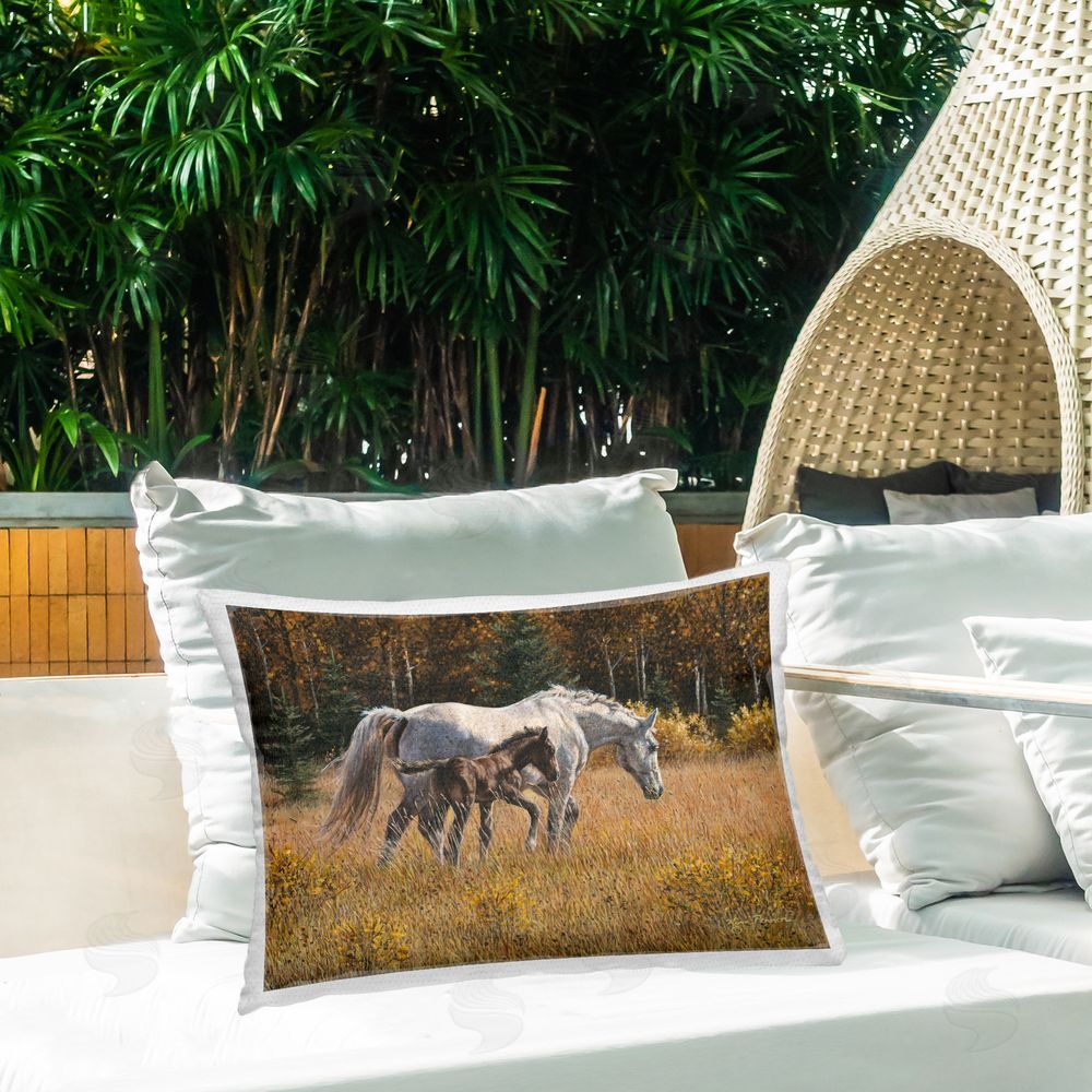 Kim Penner Horses Trotting Countryside Outdoor Quick-Dry Polyester Printed Throw Pillow in Back Yard