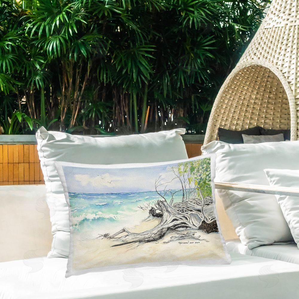 Christine Reichow Driftwood on Tropical Shore Outdoor Quick-Dry Polyester Printed Throw Pillow in Back Yard