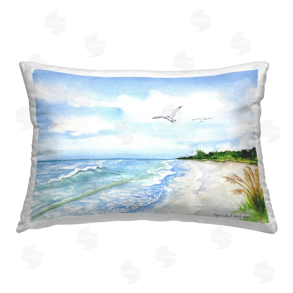 Christine Reichow Seagulls over Shoreline Printed Plush Polyester Throw Pillow