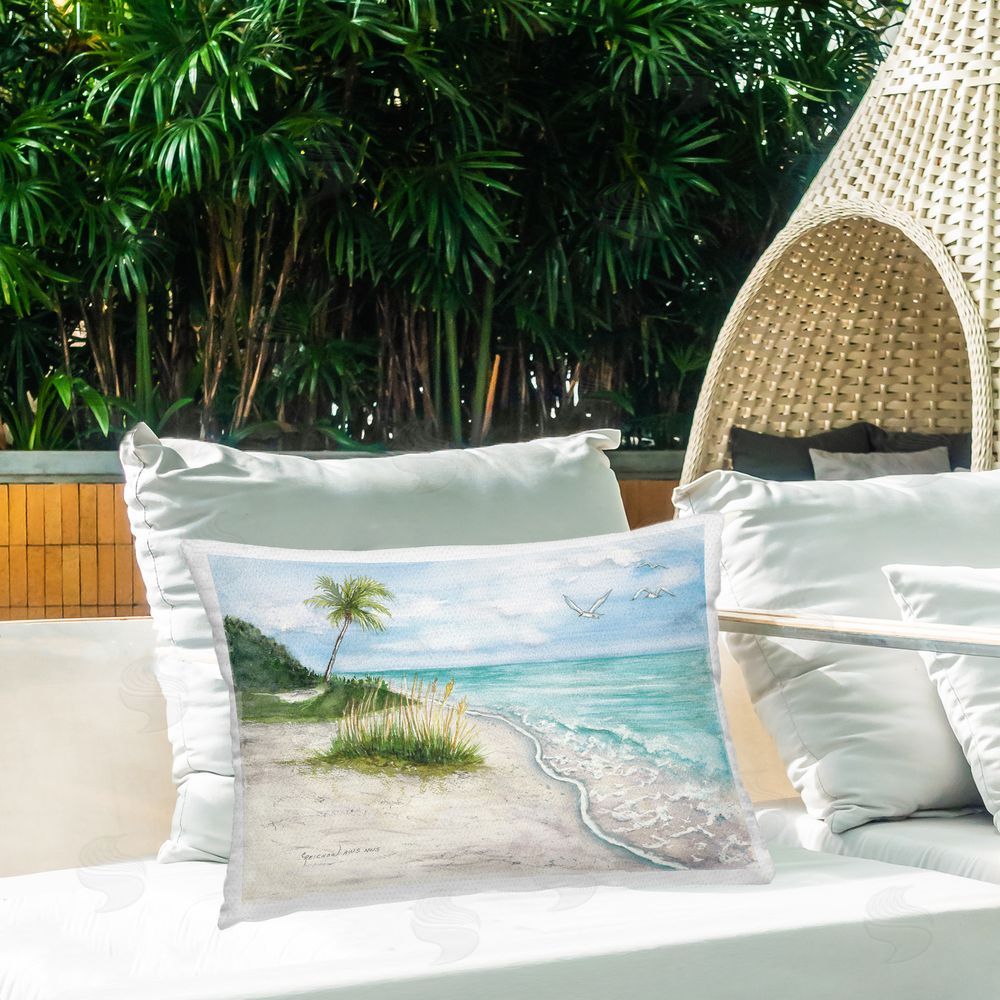 Christine Reichow Seagulls & Tropical Scene Outdoor Quick-Dry Polyester Printed Throw Pillow in Back Yard