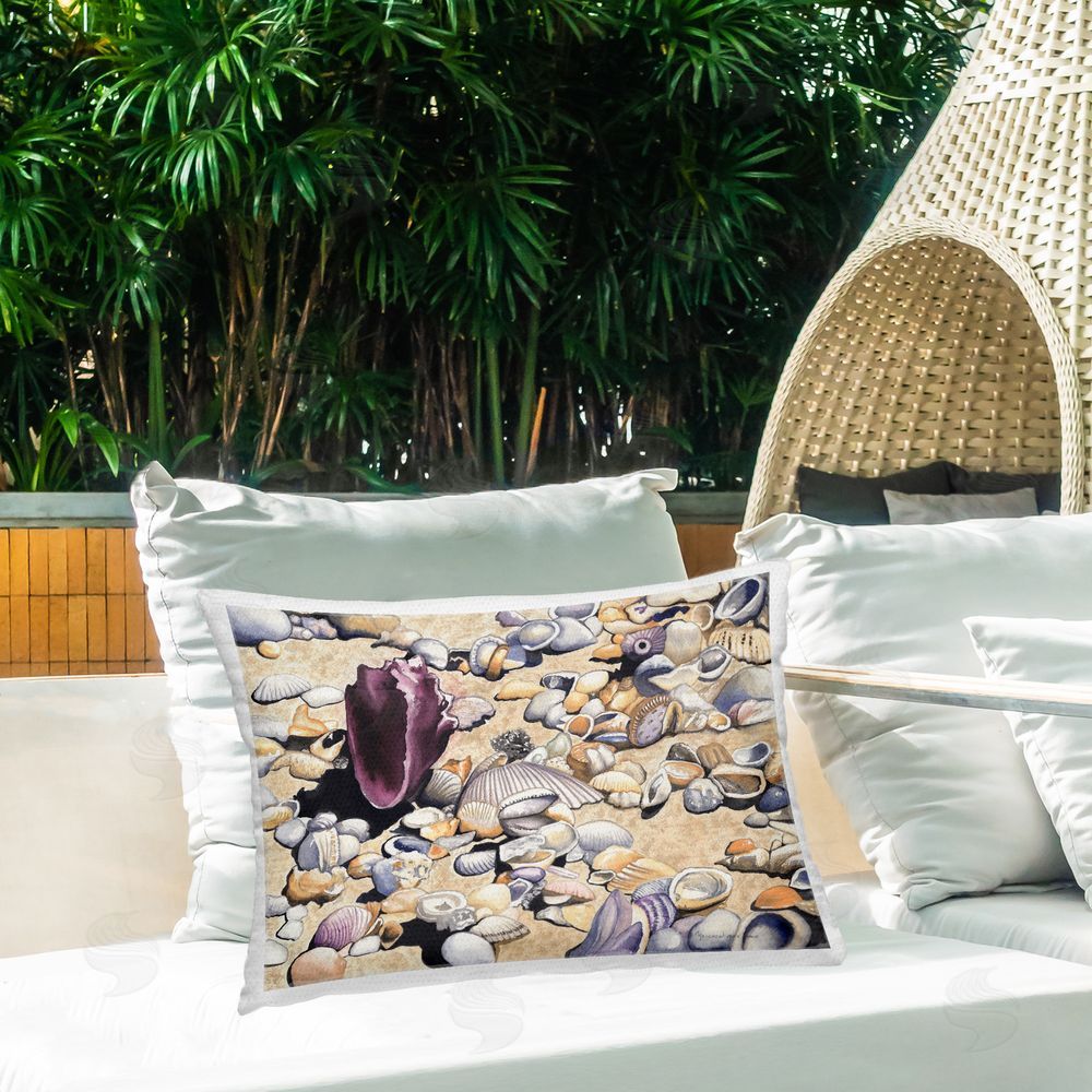 Christine Reichow Aquatic Shells on Shore Outdoor Quick-Dry Polyester Printed Throw Pillow in Back Yard