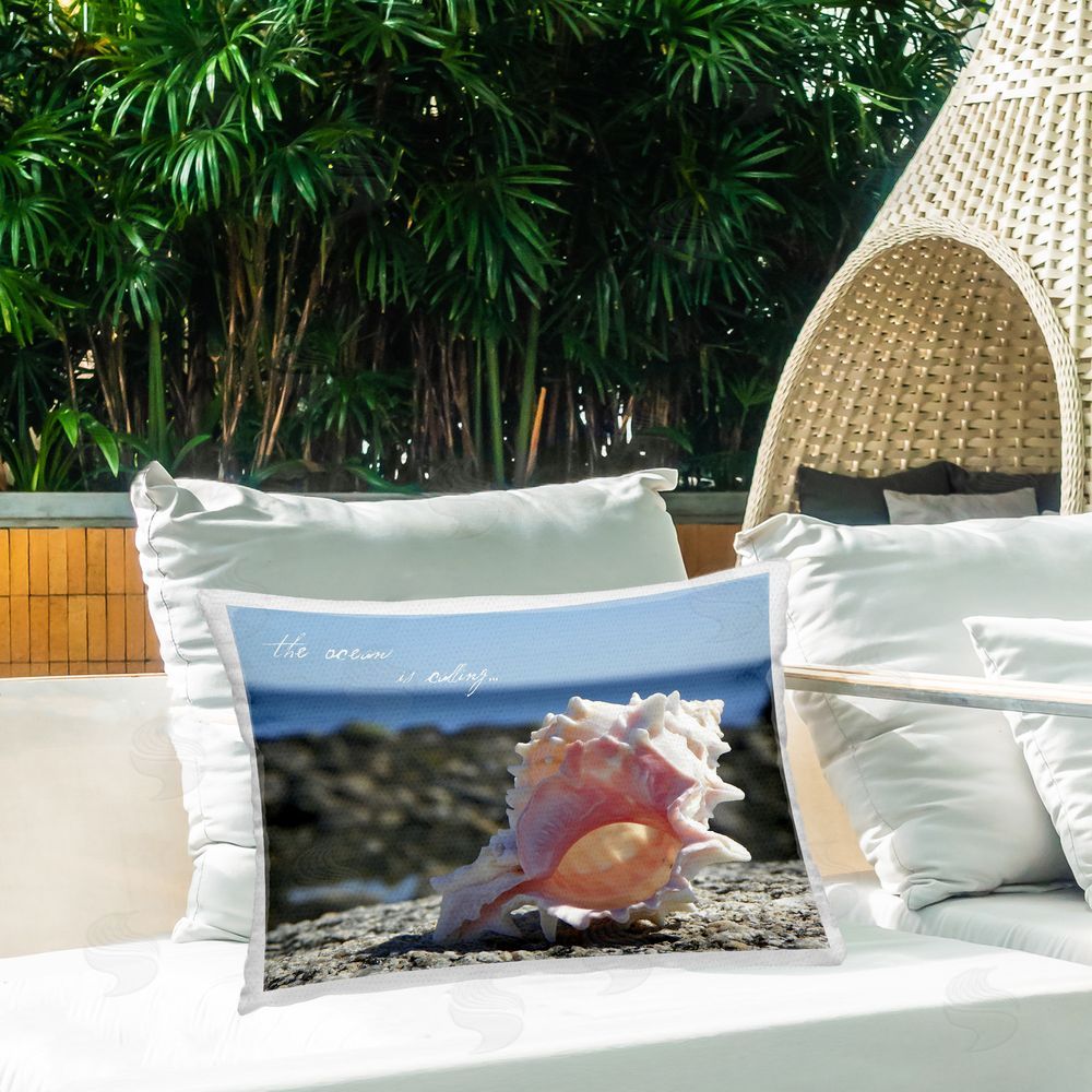 Graffitee Studios Ocean Is Calling Shell Outdoor Quick-Dry Polyester Printed Throw Pillow in Back Yard
