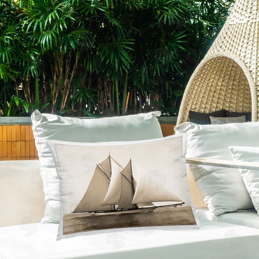 Graffitee Studios Vintage Yacht Seascape Outdoor Quick-Dry Polyester Printed Throw Pillow in Back Yard