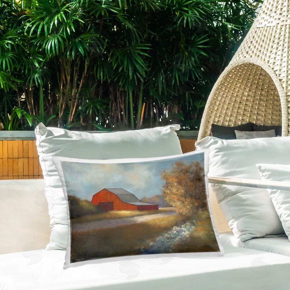 David Swanagin Path to Red Barn Outdoor Quick-Dry Polyester Printed Throw Pillow in Back Yard