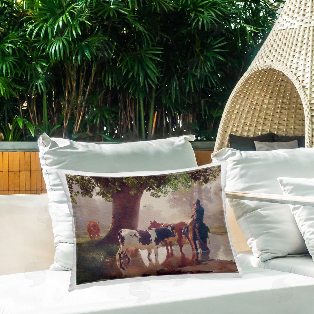 Steve Hunziker Cowboy & River Scenery Outdoor Quick-Dry Polyester Printed Throw Pillow in Back Yard