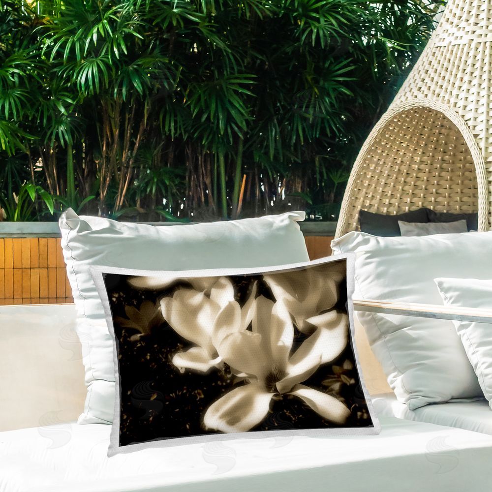 Noah Bay Soft Sepia Blooms Outdoor Quick-Dry Polyester Printed Throw Pillow in Back Yard