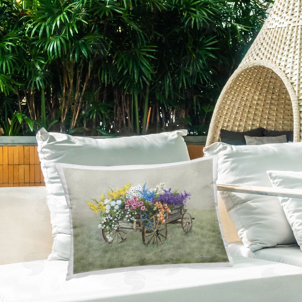 Pam Britton Wagon with Spring Blooms Outdoor Quick-Dry Polyester Printed Throw Pillow in Back Yard