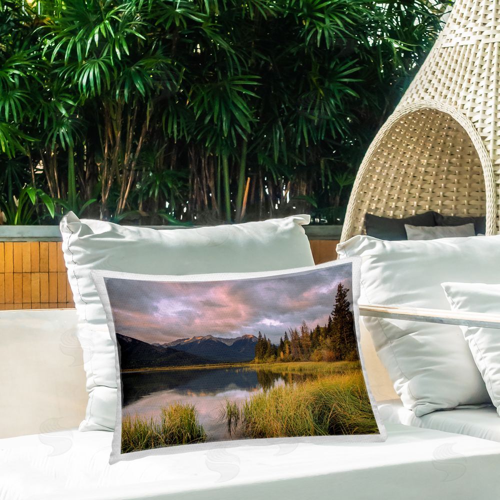 Margaret Clavell Stormy Lake Scenery Outdoor Quick-Dry Polyester Printed Throw Pillow in Back Yard