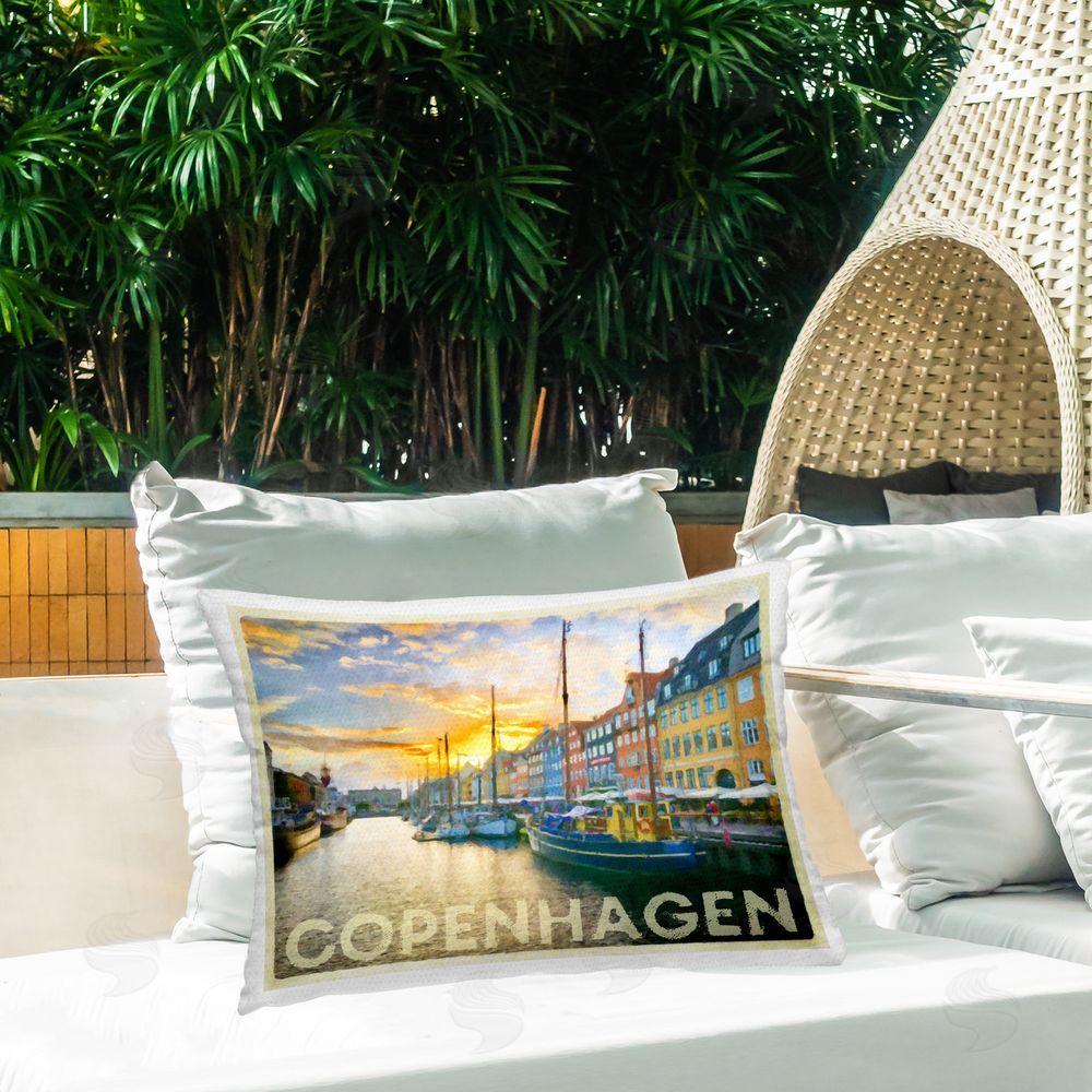 Graffitee Studios Copenhagen City Canal Outdoor Quick-Dry Polyester Printed Throw Pillow in Back Yard