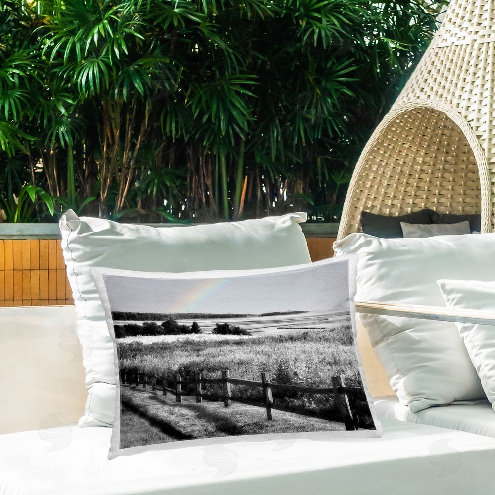 Graffitee Studios Charming Rainbow Landscape Outdoor Quick-Dry Polyester Printed Throw Pillow in Back Yard