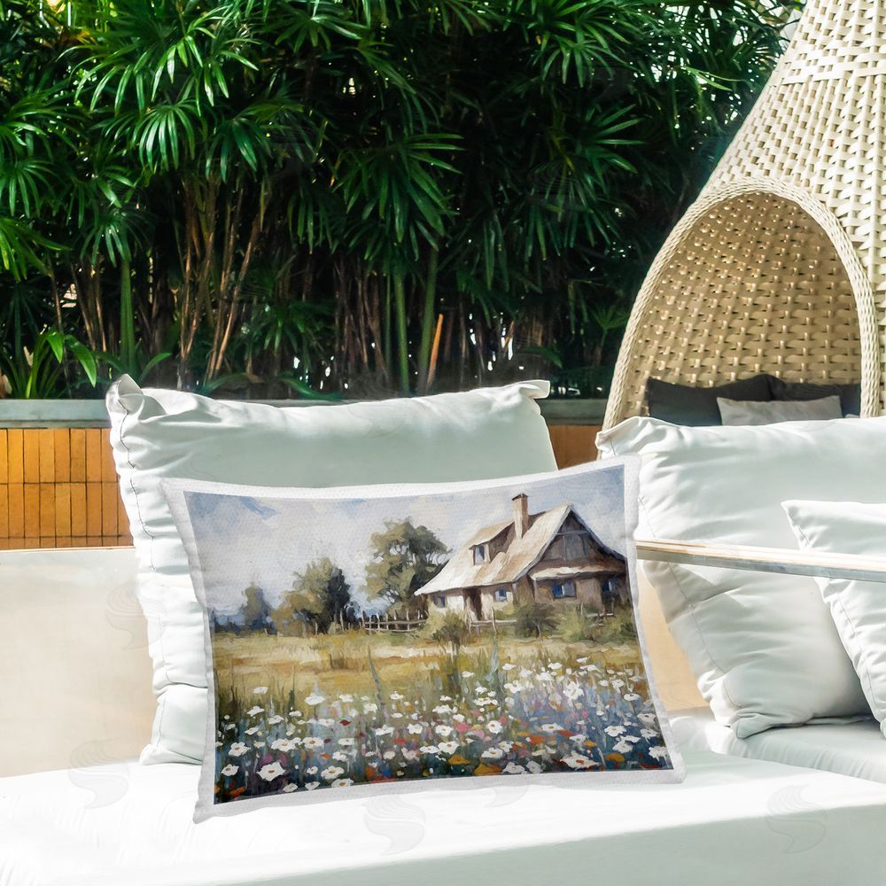 Ramona Murdock Pleasant Cottage Cabin Outdoor Quick-Dry Polyester Printed Throw Pillow in Back Yard