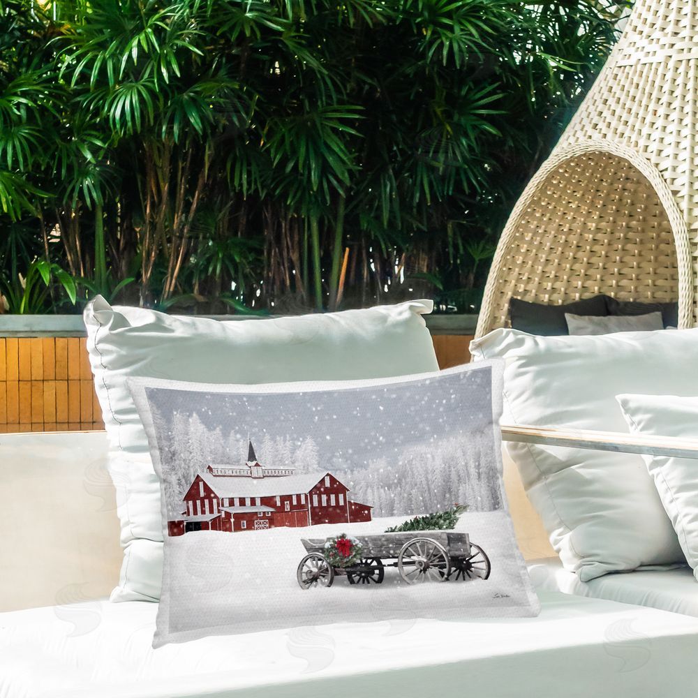 Lori Deiter Seasonal Snowy Wagon Outdoor Quick-Dry Polyester Printed Throw Pillow in Back Yard